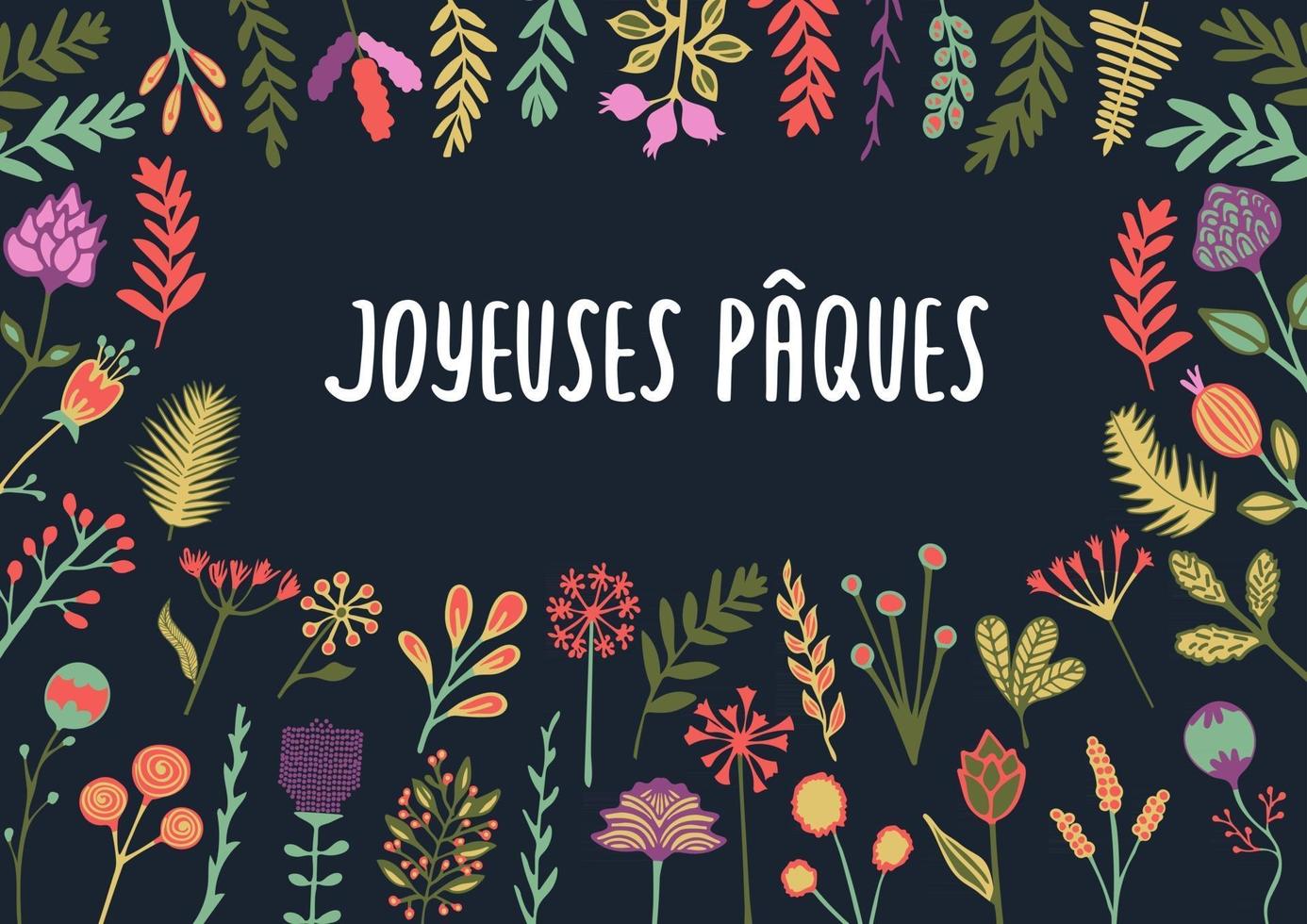 French Easter greeting card Joyeuses Paques with hand drawn lettering and flowers vector