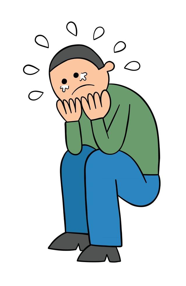 Cartoon Man is Crouching on the Ground and Crying Vector Illustration