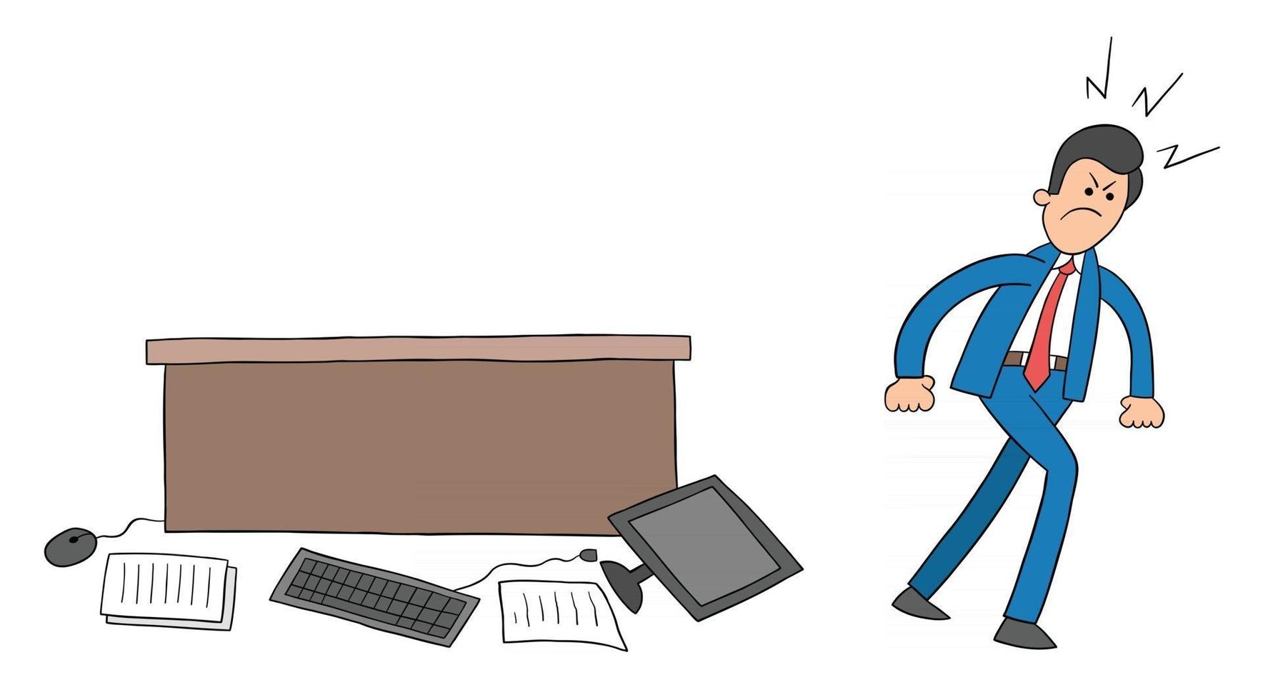 Cartoon Businessman very Angry, Threw the Computer and Papers on the Table to the Floor, Vector Illustration