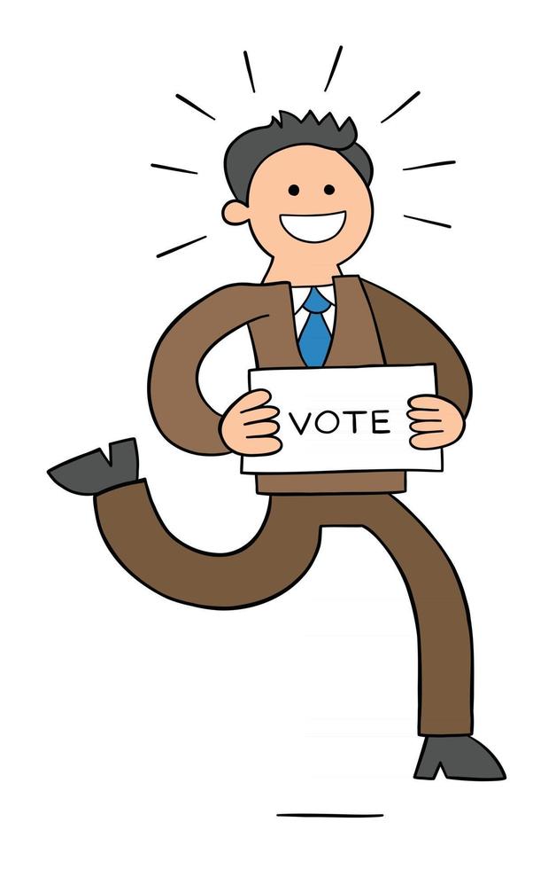 Cartoon Politician Running with a Paper that Says Vote, Vector Illustration