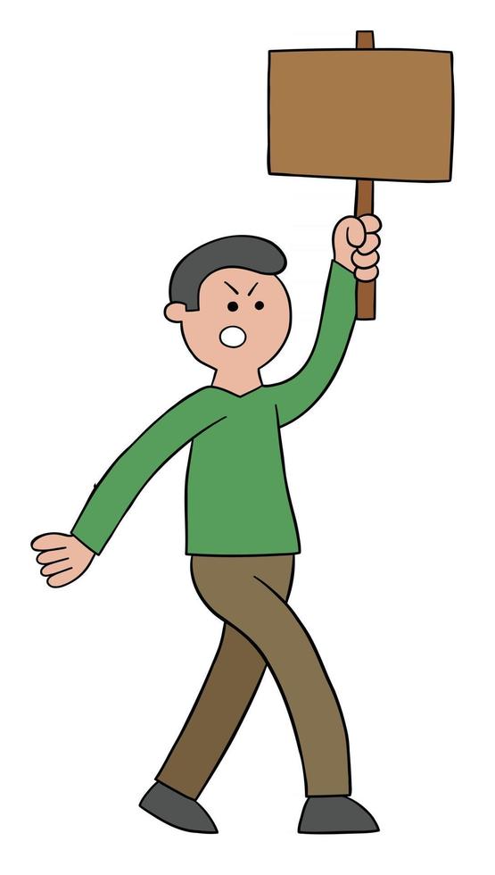 Cartoon Angry Protester Man Holding Wooden Sign and Walking, Vector Illustration