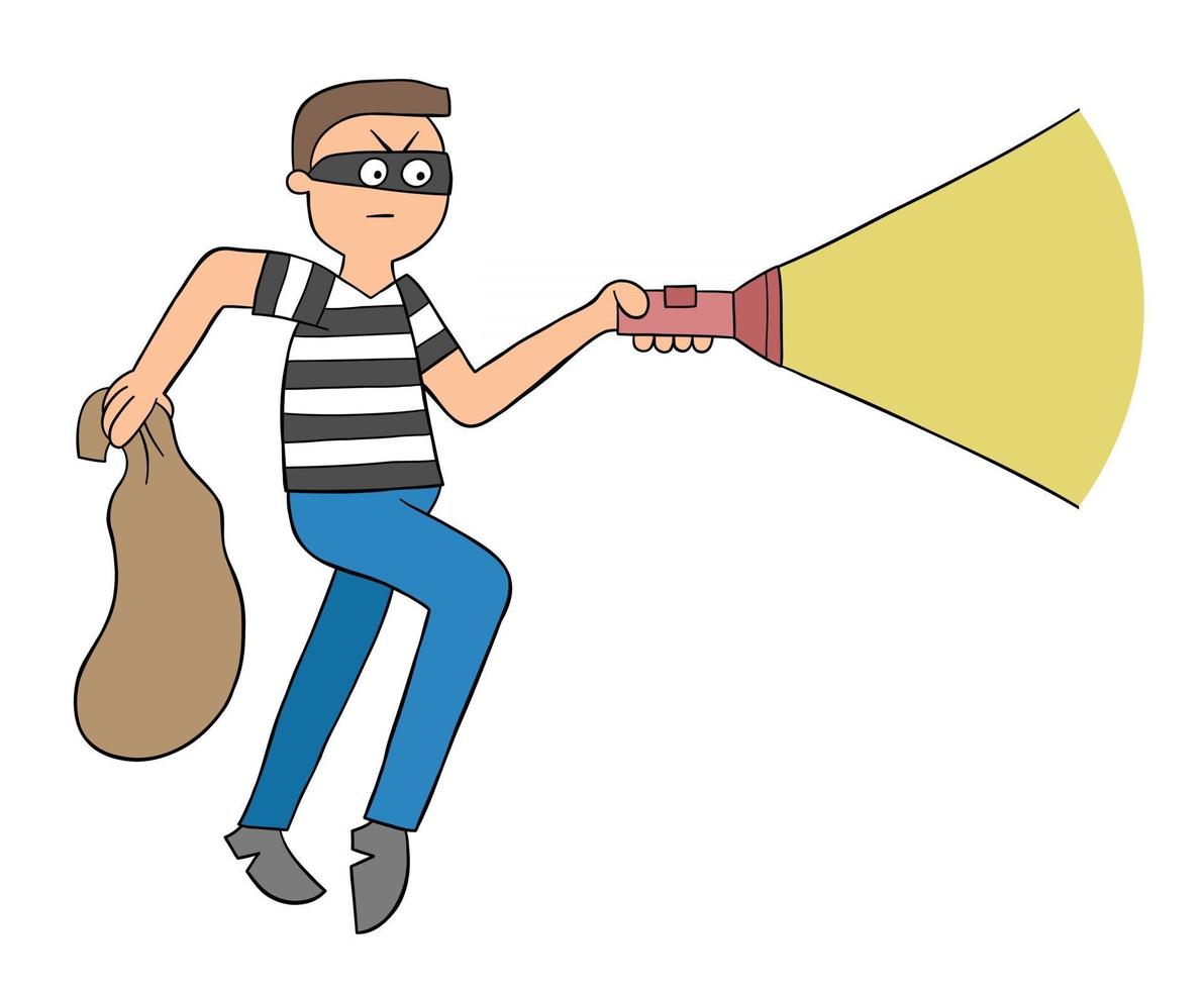 Cartoon Thief Walks with Sack and Flashlight Vector Illustration