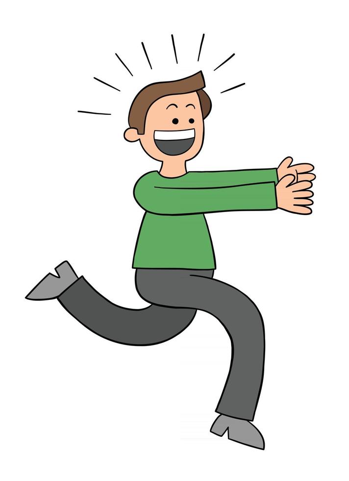 Cartoon Man is Excited and Running to Catch Something, Vector Illustration