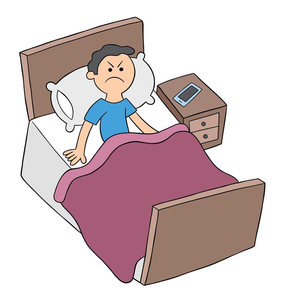 hombre de dibujos animados está en la cama pero enojado, no puede dormir,  ilustración vectorial 2806302 Vector en Vecteezy