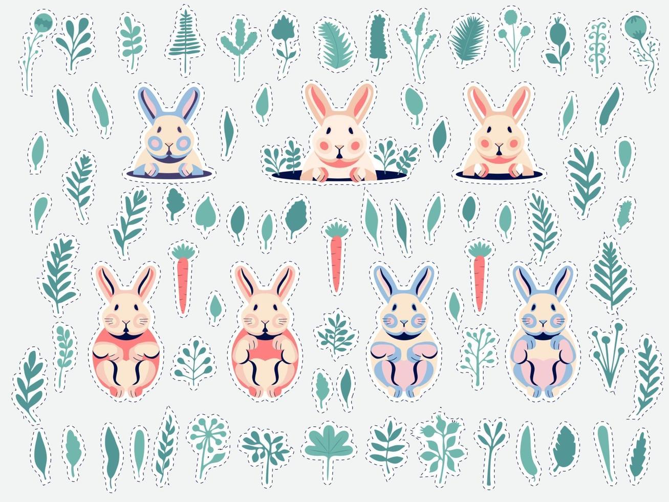 Cute flat rabbits and pastel bunnies collection vector