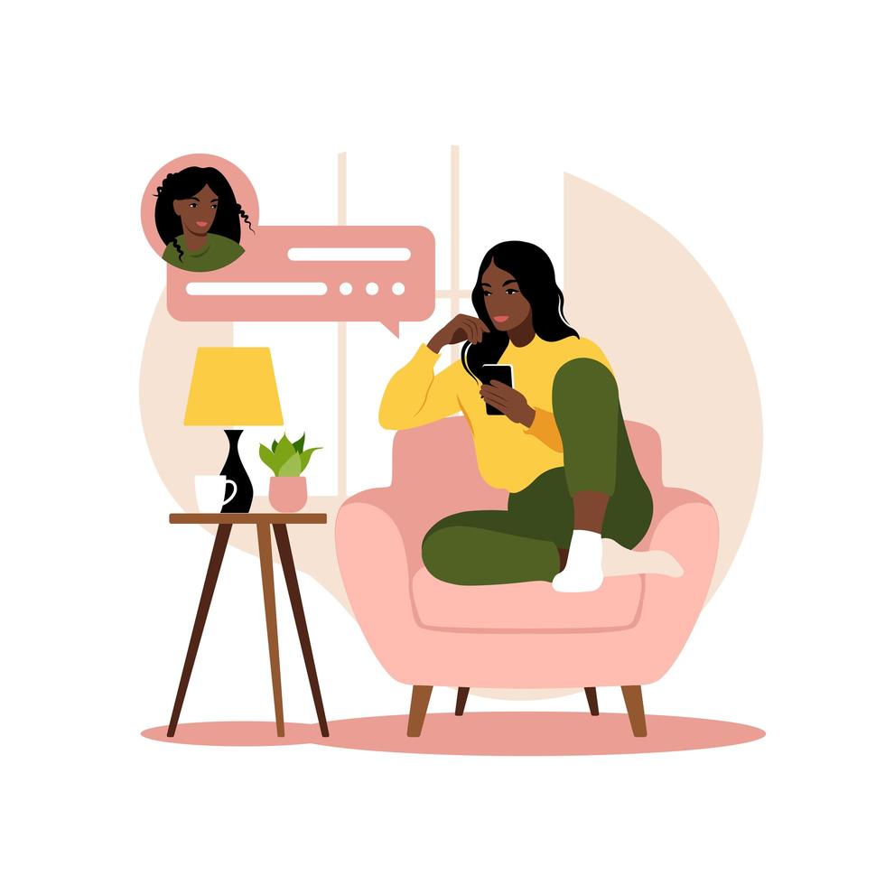 mujer africana sentada en el sofá con el teléfono. trabajando en el teléfono. freelance, educación en línea o concepto de redes sociales. estilo plano. ilustración vectorial aislado en blanco. vector