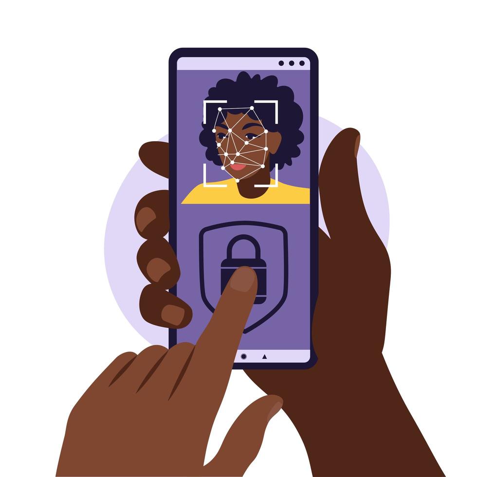 Face recognition and identification, face ID concept. Hands with phones with biometric identification. Vector illustration. Flat