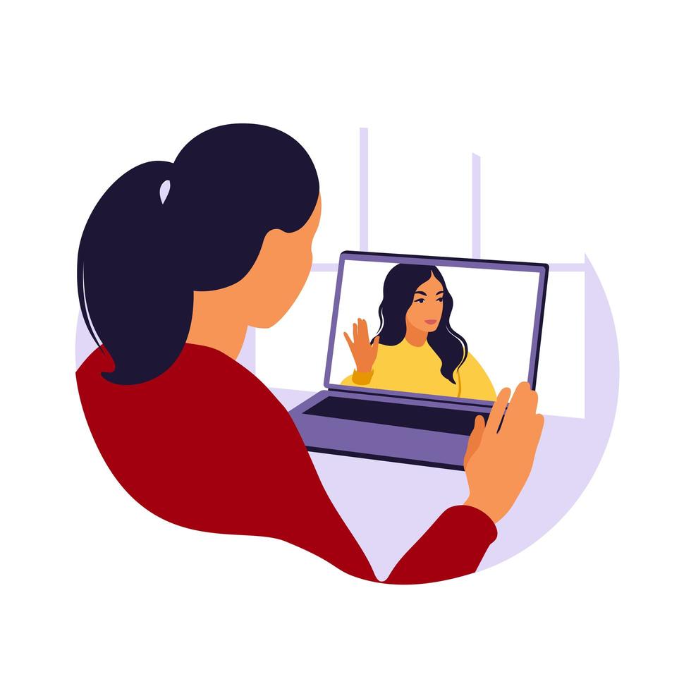 Woman using computer for collective virtual meeting and group video conference. Man at desktop chatting with friends online. Video conference, remote work, technology concept. vector