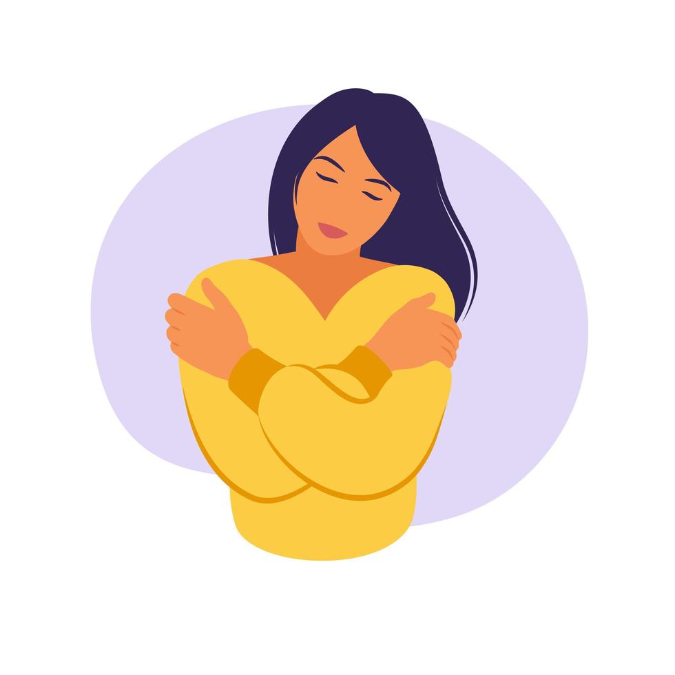 Love yourself. Love your body concept. Take time for yourself. Smiling woman hug herself. Body care concept isolated on white background. vector