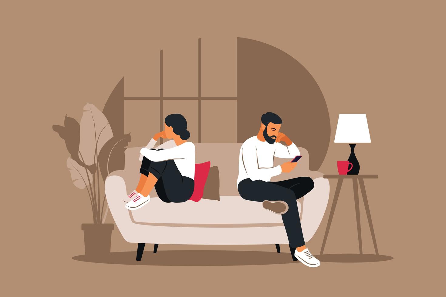 Man and a woman in a quarrel. Conflicts between husband and wife. Two characters sitting back to back, disagreement, relationship troubles. Concept of divorce, misunderstanding in family. Vector. vector