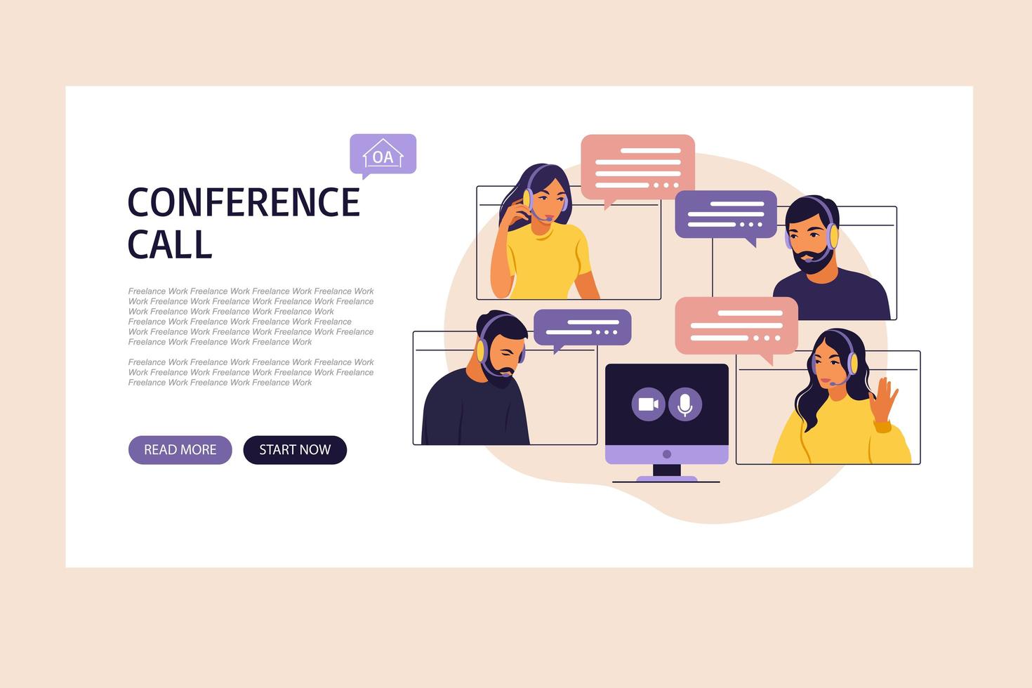 Video meeting of people group. Online meeting. Conference call. Landing page. Remote work, technology concept. Vector illustration in flat style.