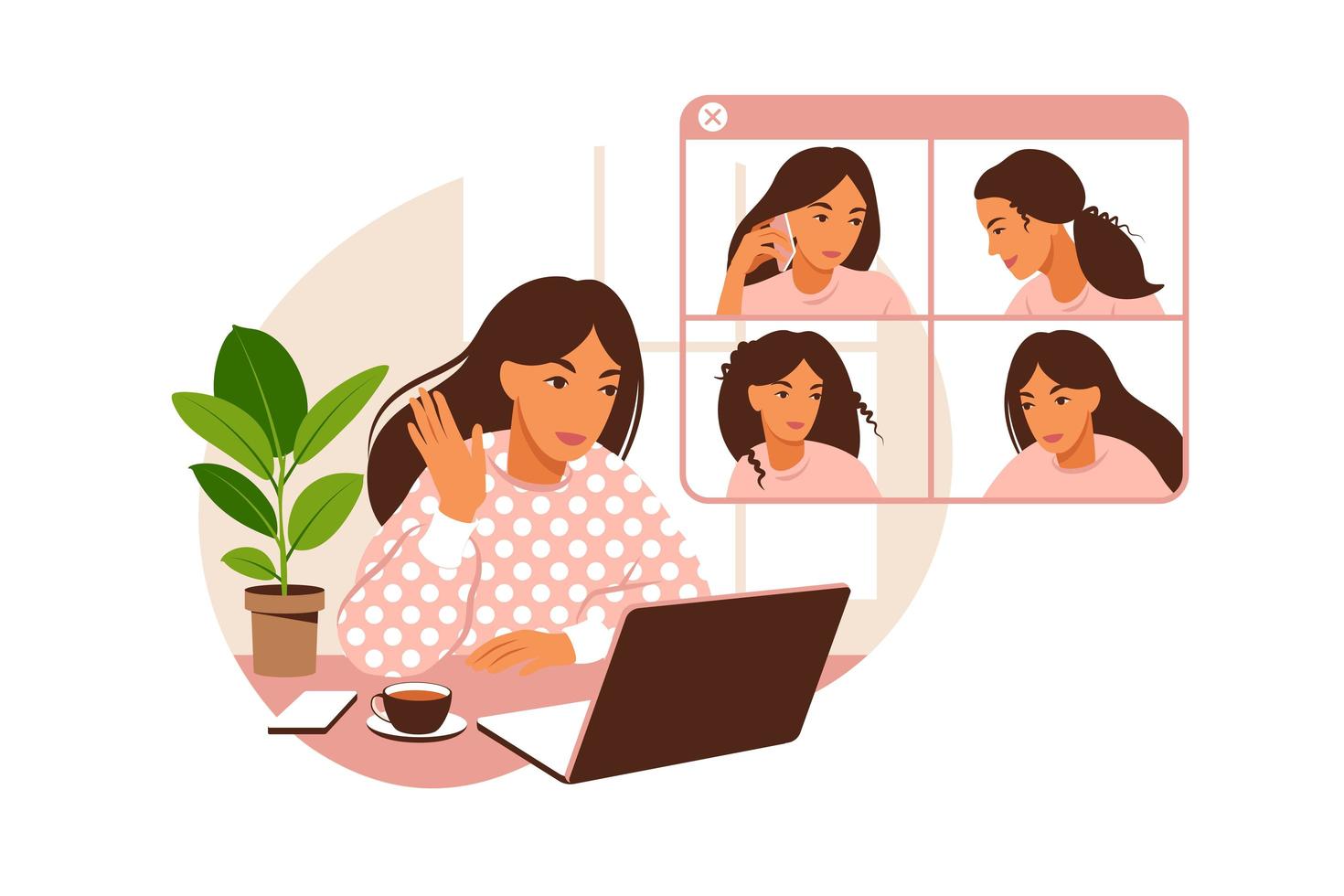 Girl at home or in the office at a desk with a laptop. Communication with the team via video online, urgent meeting, remote work, freelance. Vector flat illustration.