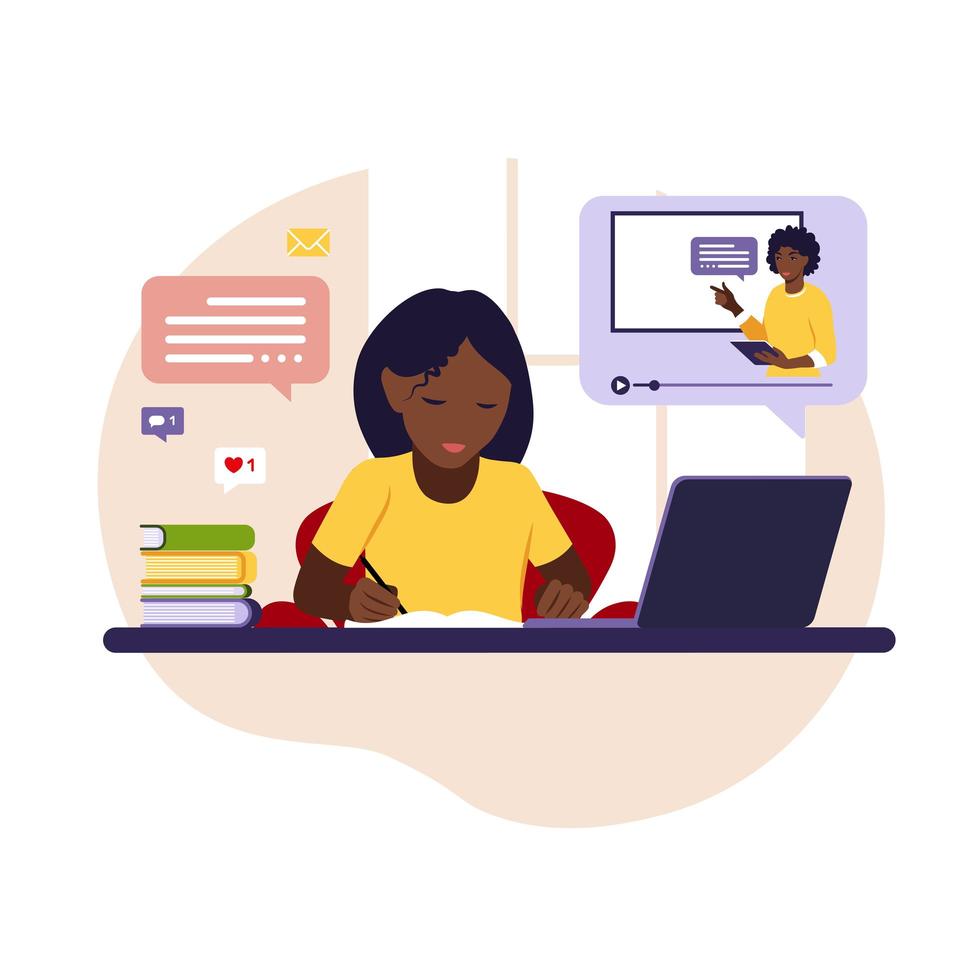 niña africana sentada detrás de su escritorio estudiando en línea usando su computadora. ilustración con mesa de trabajo, computadora portátil, libros. vector plano.