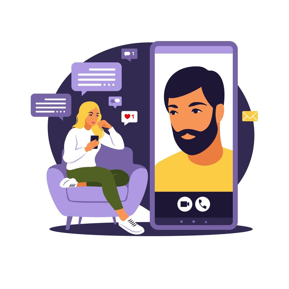 aplicación de citas, aplicación o concepto de chat. mujeres están sentadas con un gran teléfono inteligente en el sofá y hablando por teléfono. vector plano.