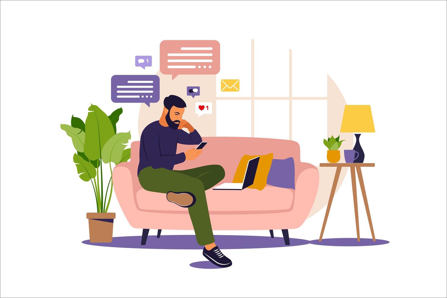 Man sitting in a sofa and working online at home. Freelance, online education or social media concept. Vector illustration isolated on white. Flat style.
