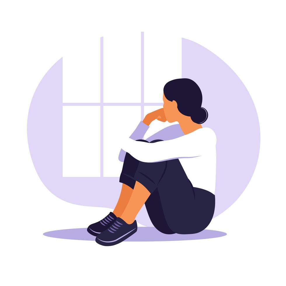 mujer en depresión con pensamientos desconcertados en su mente. niña triste sentada en la ventana y abrazando sus rodillas. estilo plano vector