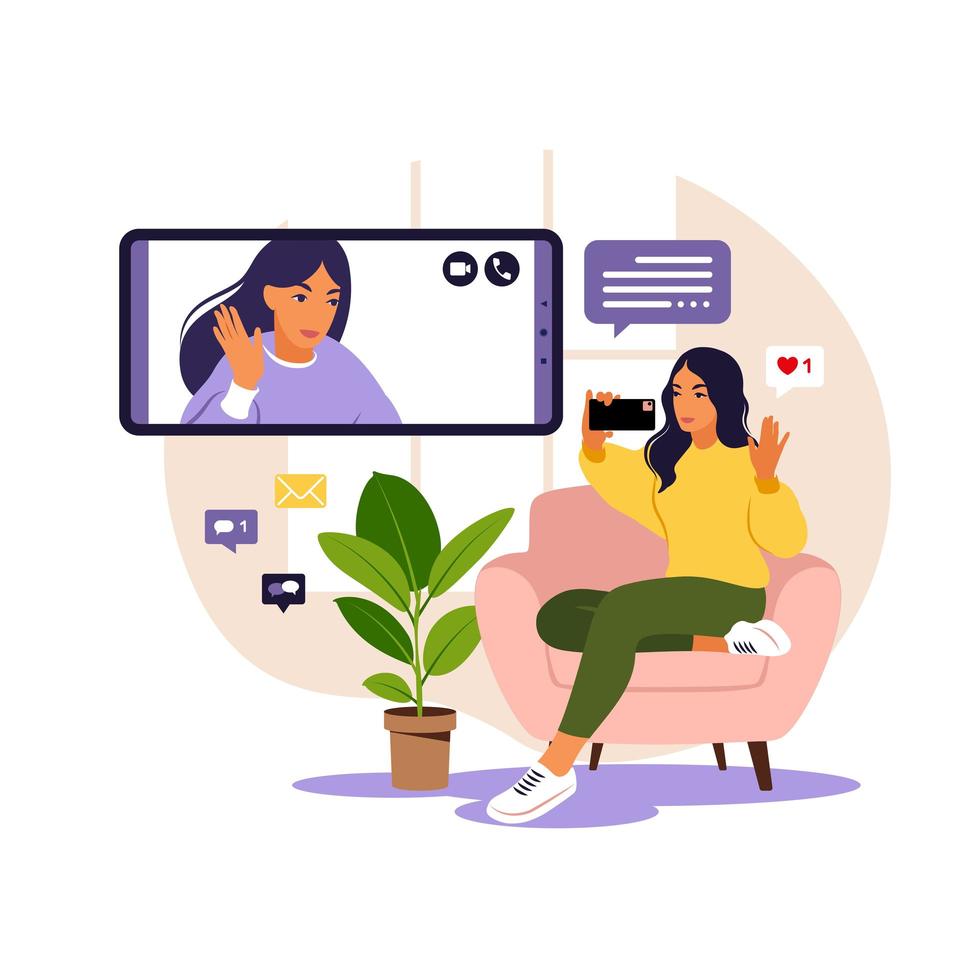 Woman using phone for collective virtual meeting and group video conference. Woman chatting with friends online. Video conference, remote work, technology concept. vector