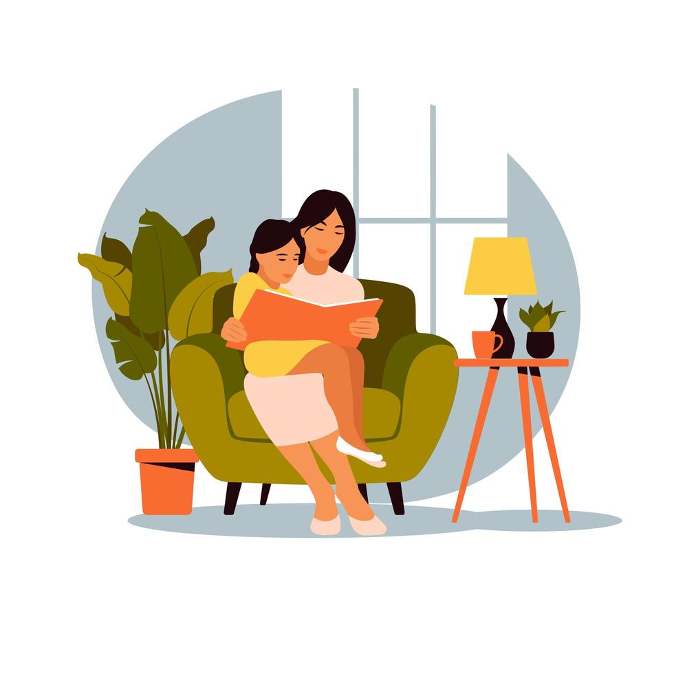 mamá leyendo para hija sentada en el sofá con libro. ilustración vectorial de un diseño plano. vector