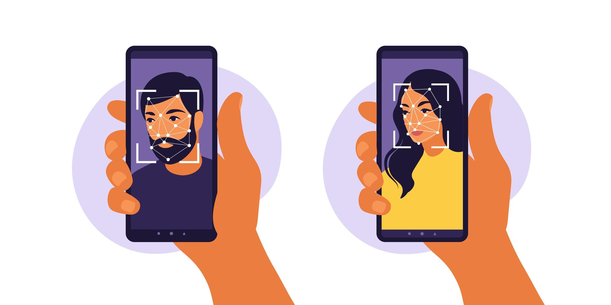 Facial recognition system concept. Face ID, face recognition system. Facial biometric identification system scanning on smartphone. Mobile app for face recognition. Vector illustration
