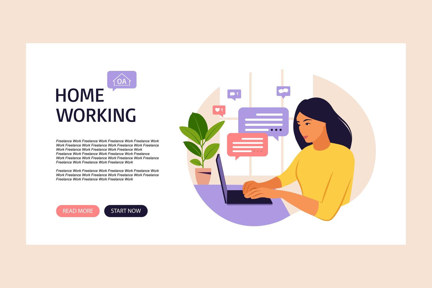 Freelancer girl working at home on laptop. Landing page. Online customer support, help desk concept and call center. Vector illustration in flat.