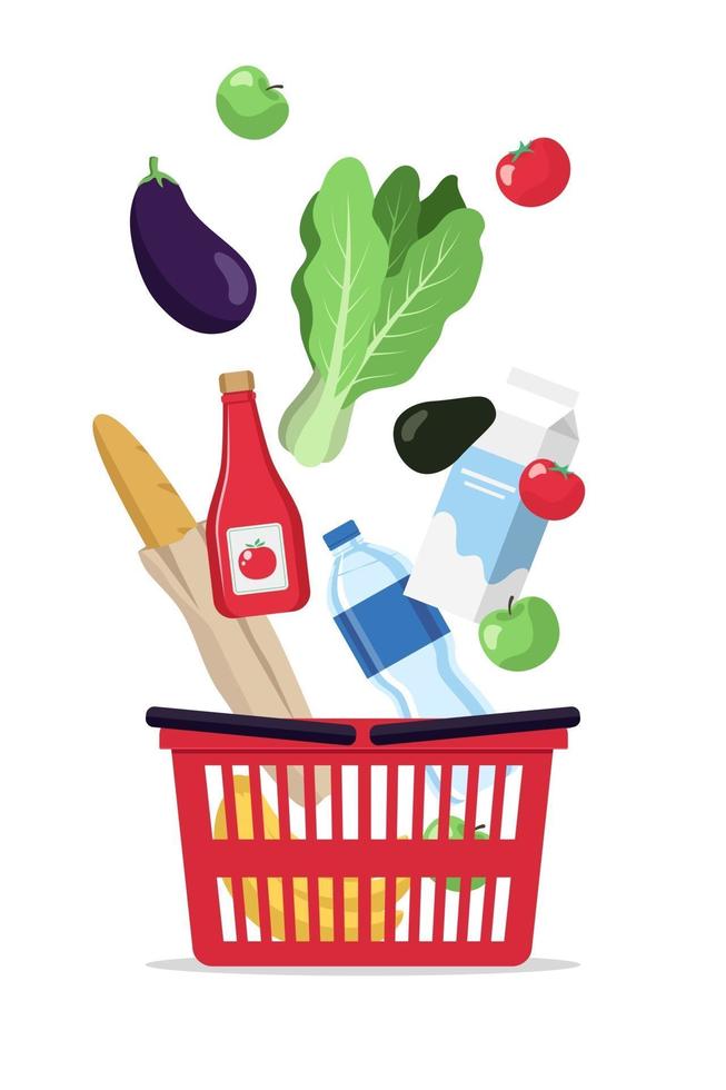 Products falling into a shopping basket vector