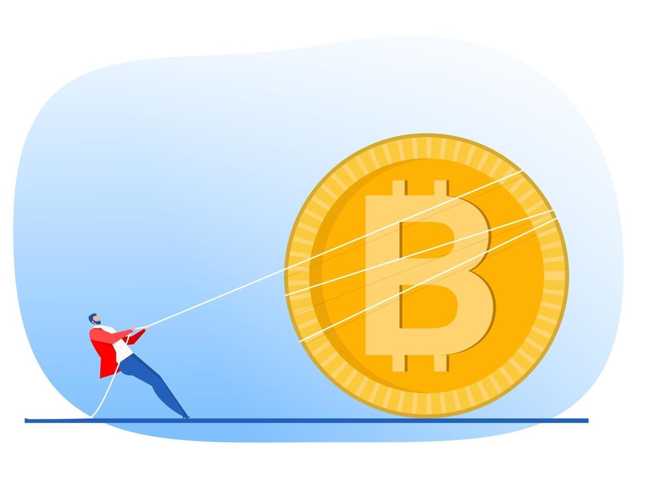 Businessman pulls rope up arrow of bitcoin growth concept Vector flat design.illustrator