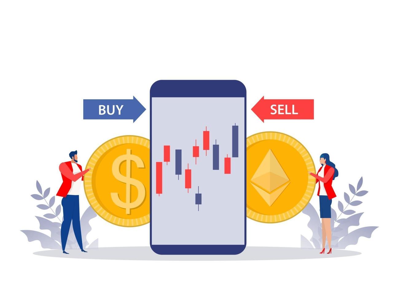 man and woman exchange buy and sell price Ethereum coin with dollar coin. Flat vector illustration concept design.