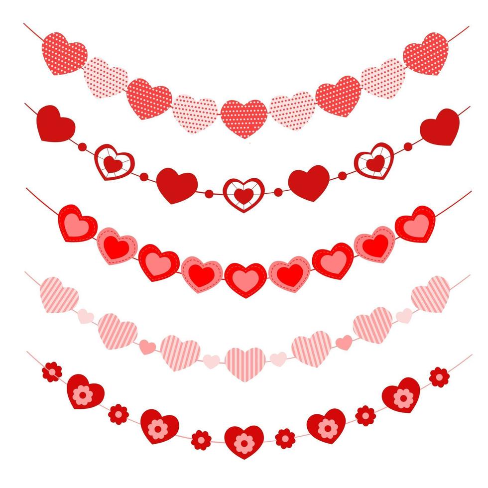 Set of hearts garlands. Bunting for Valentine day party, wedding, romantic date vector