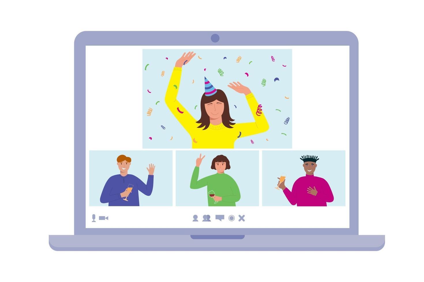 Online birthday home party concept. People on laptop screen celebrating,  communicating, dancing, drinking. Friends meeting  through video app vector
