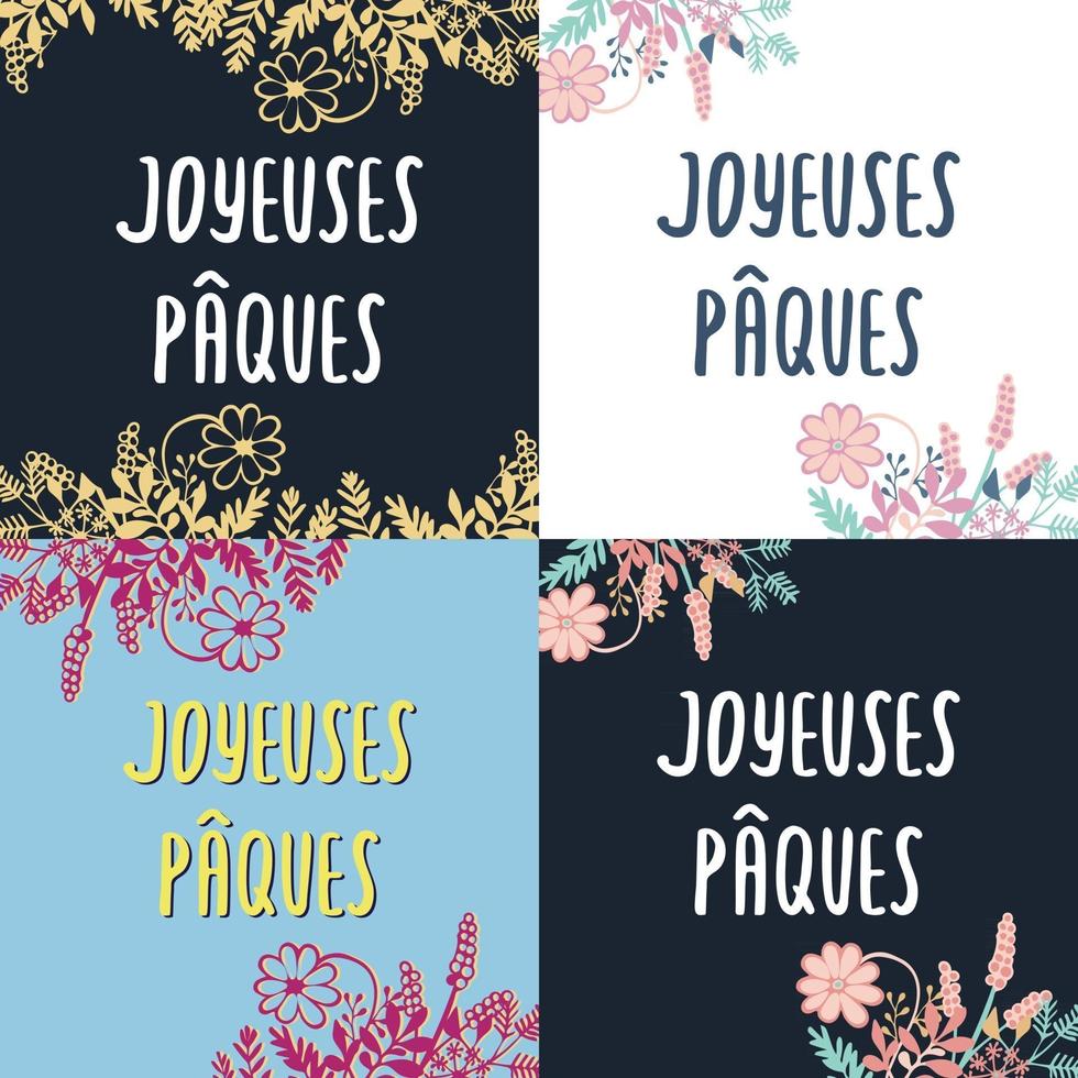 French Easter greeting card Joyeuses Paques with hand drawn lettering and blooming flowers. Vintage poster, holiday background, vector illustration.