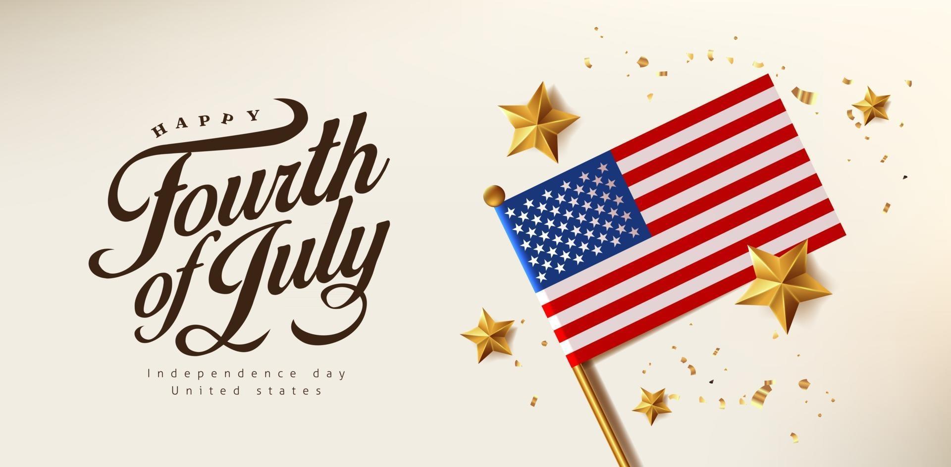 Bandera de celebración del día de la independencia de Estados Unidos con estrella dorada realista y bandera de los Estados Unidos. Plantilla de póster del 4 de julio. vector