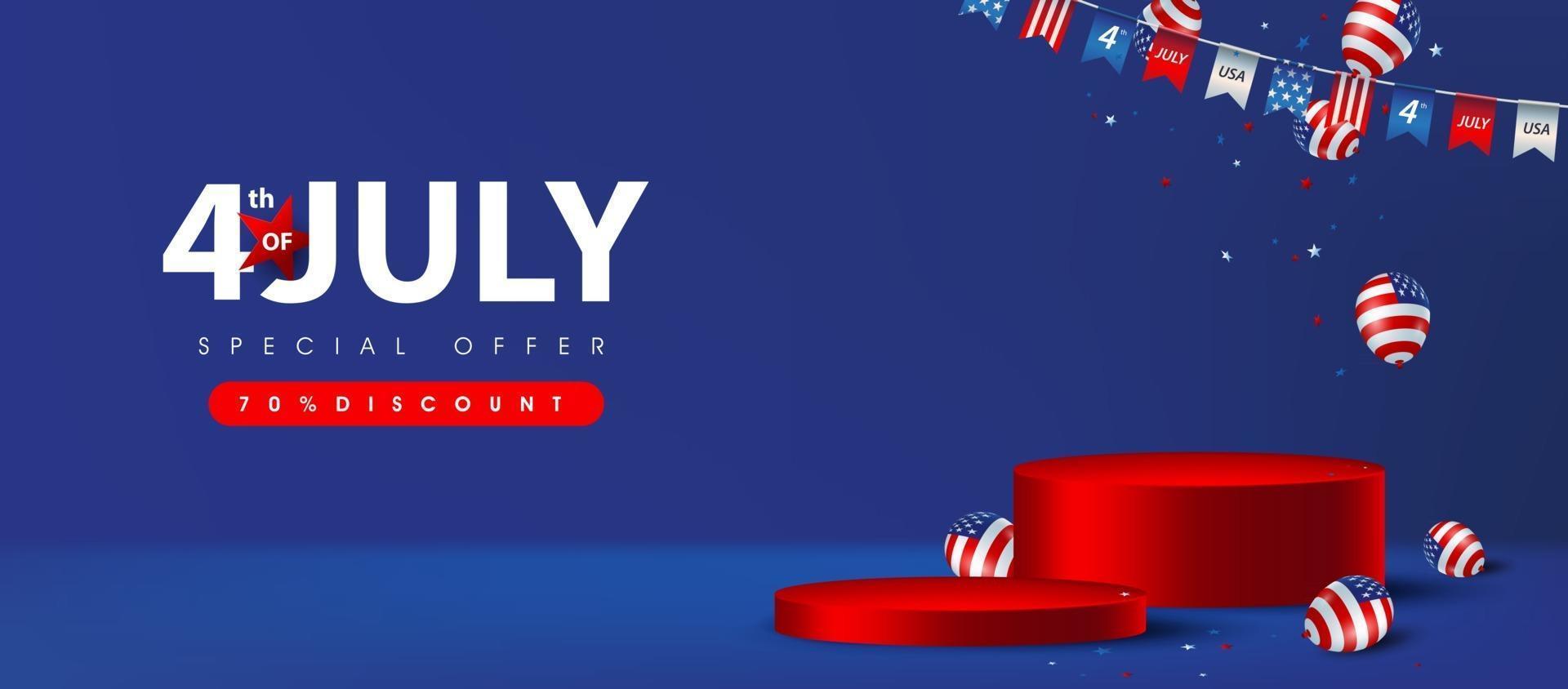 Independence day USA sale banner with product display cylindrical shape and american balloons vector