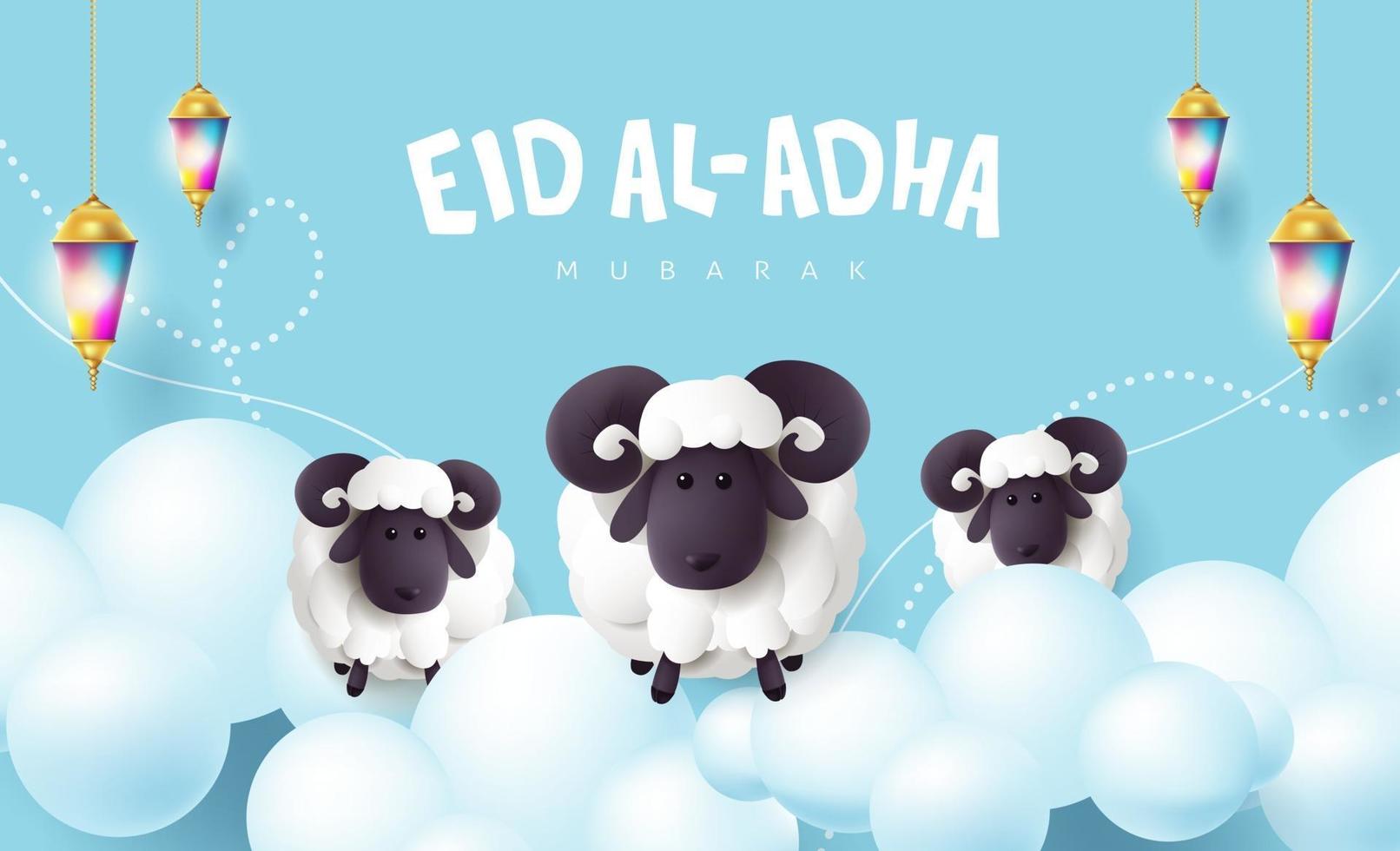 Eid Al Adha Mubarak the celebration of Muslim community festival calligraphy with White sheep and cloud on the sky vector