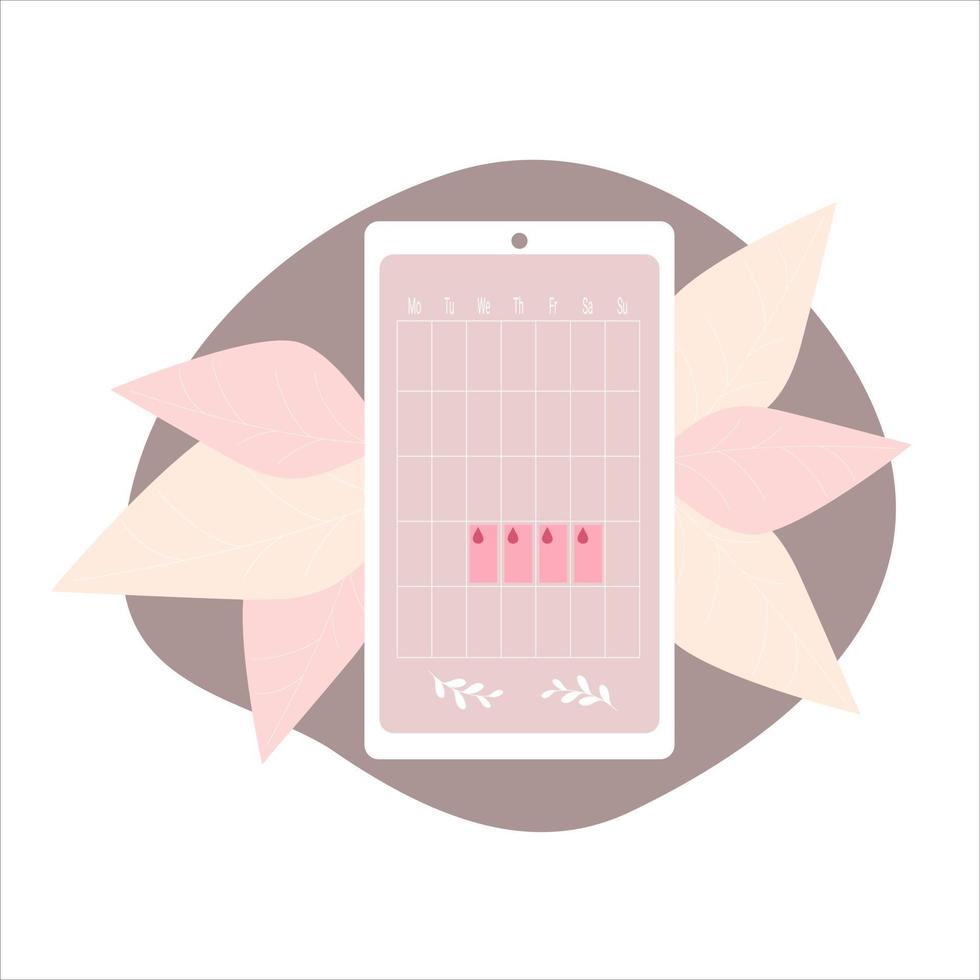 Calendario del ciclo menstrual de las mujeres en la pantalla del teléfono sobre fondo rosa decorativo vector