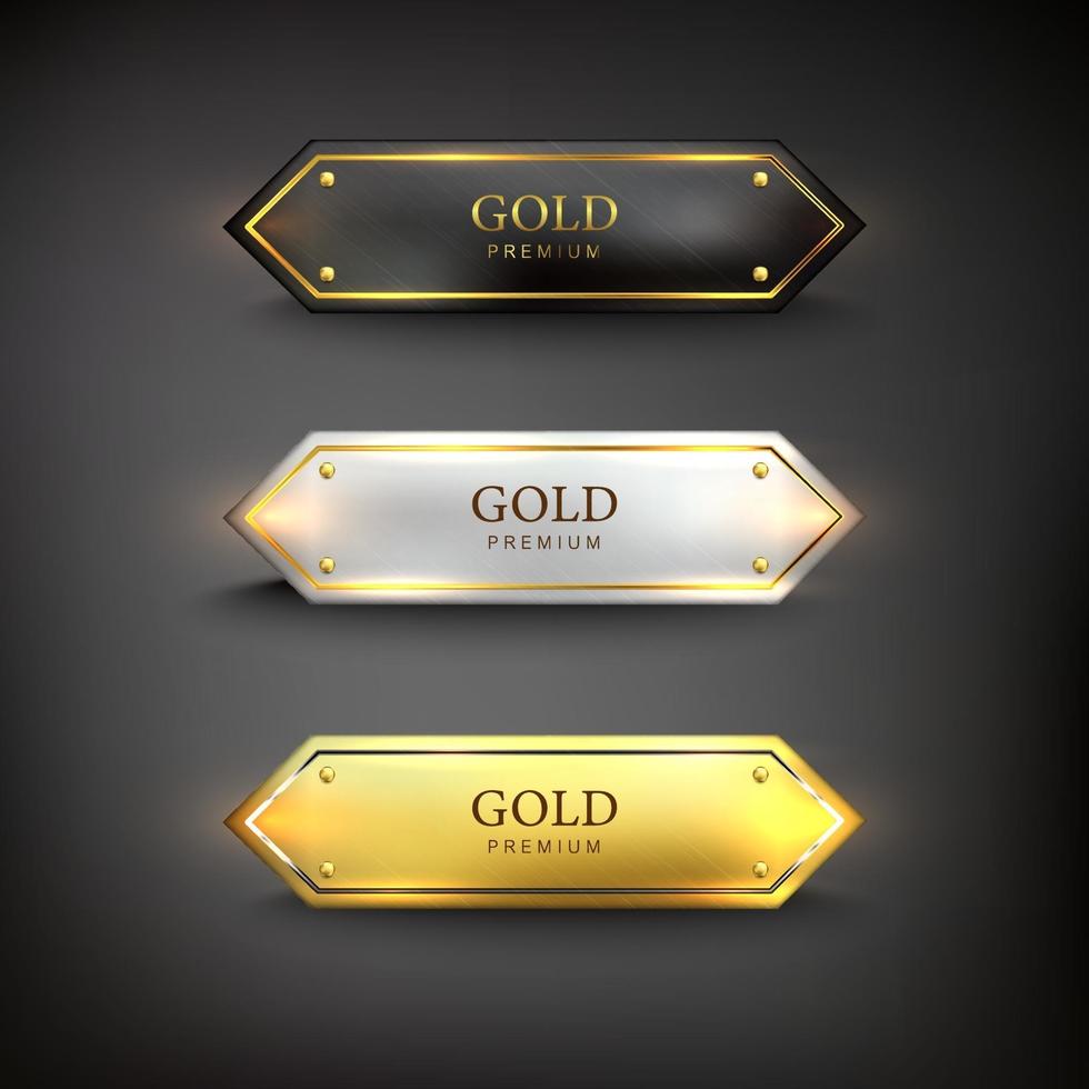 Gold steel web buttons set on black background vector