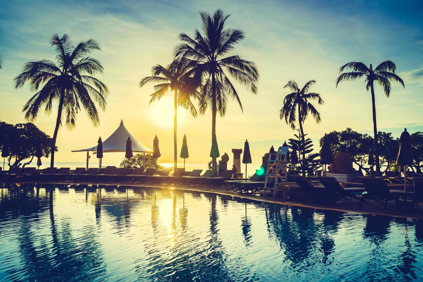 Silueta de palmera de coco alrededor de la piscina foto