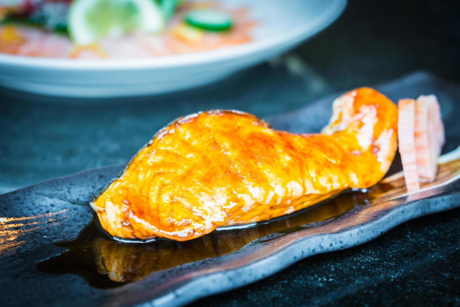 Grilled salmon with teriyaki sweet sauce photo