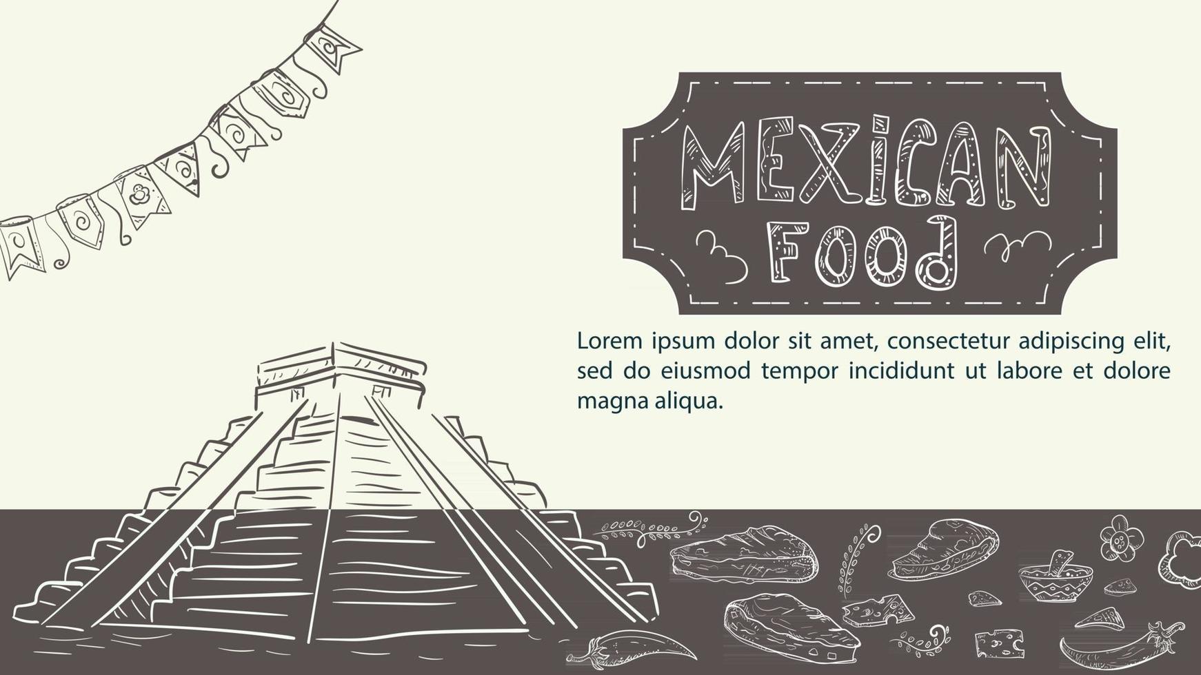 Ilustración boceto dibujado a mano para un diseño sobre el tema de la pirámide alimenticia mexicana de indios tortillas tacos y burritos pimiento picante tomate vector