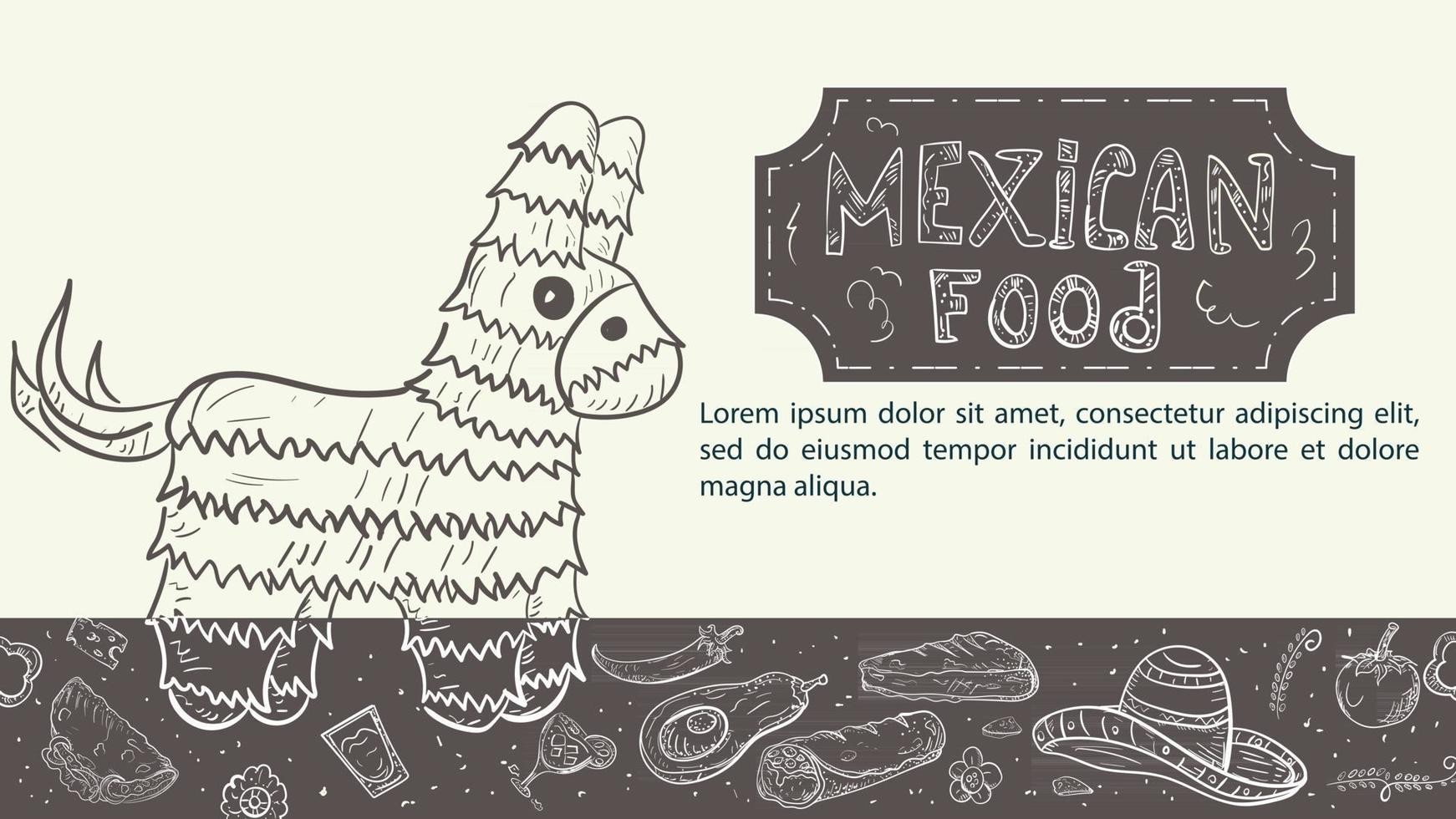 ilustración un boceto dibujado a mano para un diseño sobre el tema de la comida mexicana un caballo de piñata se encuentra entre tacos y burritos de tortillas de chile picante vector