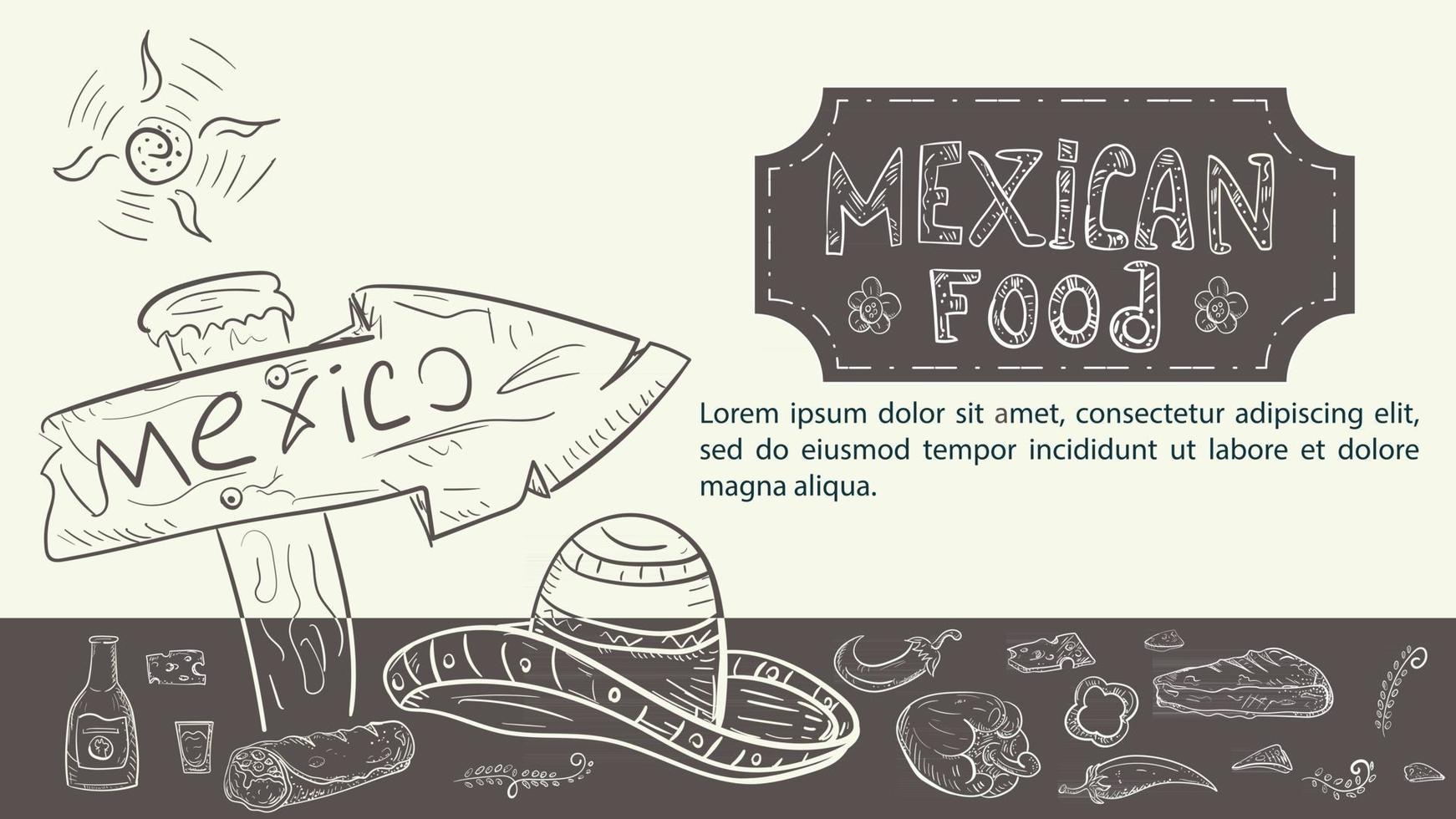 Ilustración boceto dibujado a mano para un diseño sobre el tema de la comida mexicana señal de tráfico sombrero sombrero bebida tequila burrito y pimienta vector