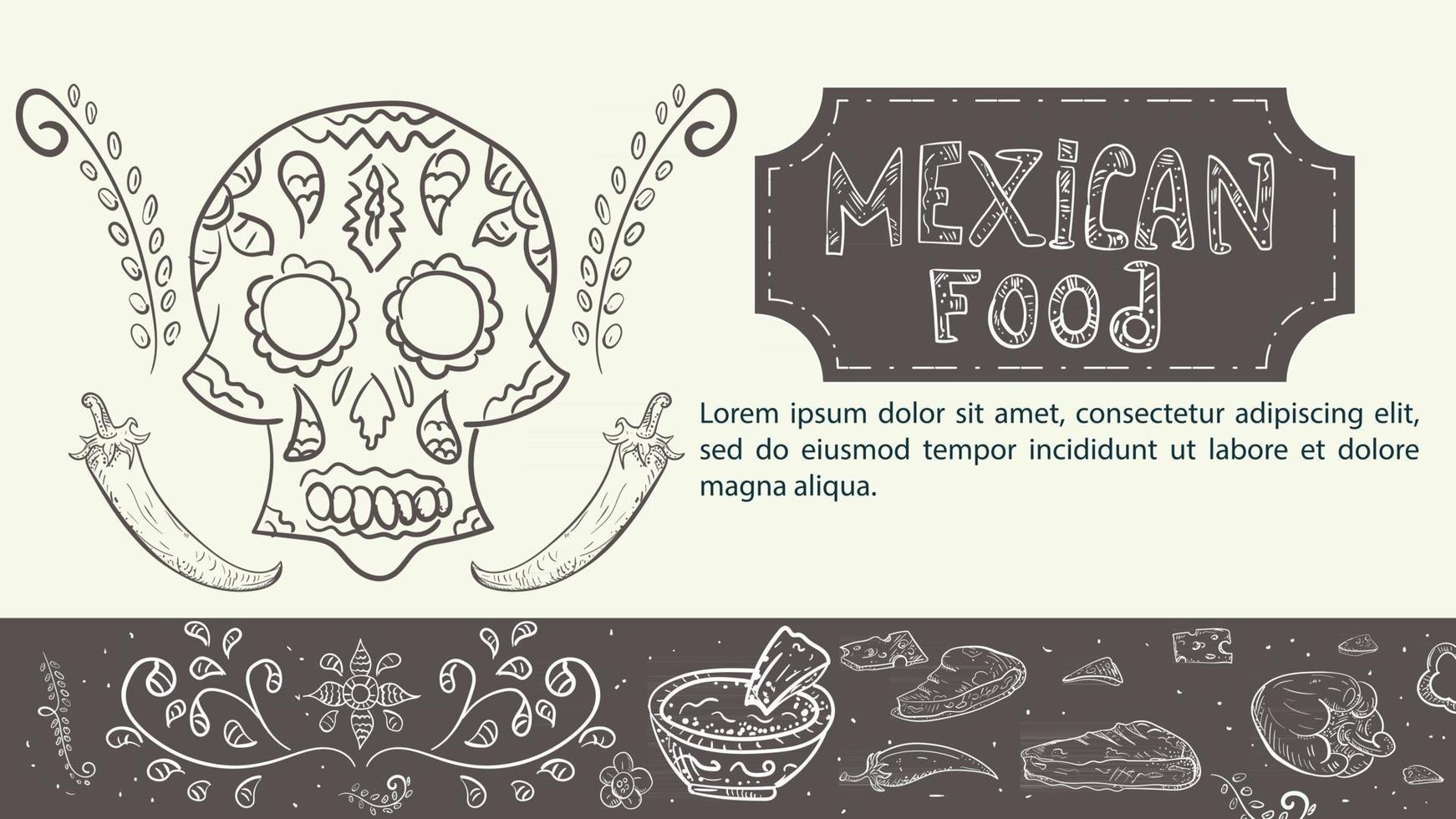 Ilustración un boceto dibujado a mano para un diseño sobre el tema de la comida mexicana, una calavera pintada y ají picante vector