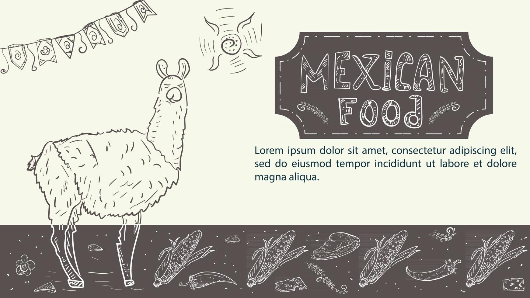 Ilustración boceto dibujado a mano para un diseño sobre el tema de la comida mexicana, animal, alpaca o llama, maíz, maíz y pimiento picante vector