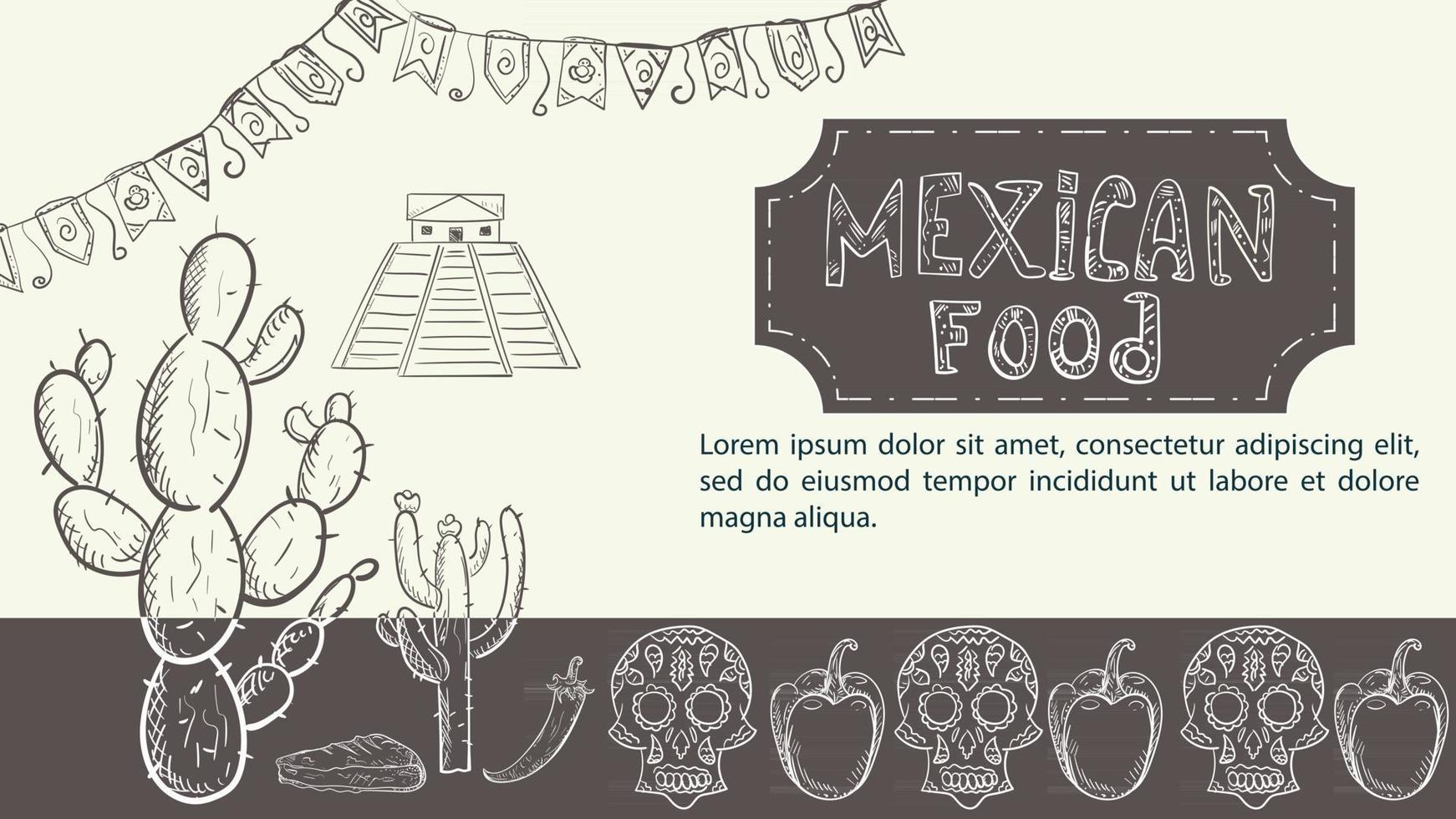 Ilustración un boceto dibujado a mano para un diseño sobre el tema de la comida mexicana cactus pintado cráneo pimiento picante y dulce vector