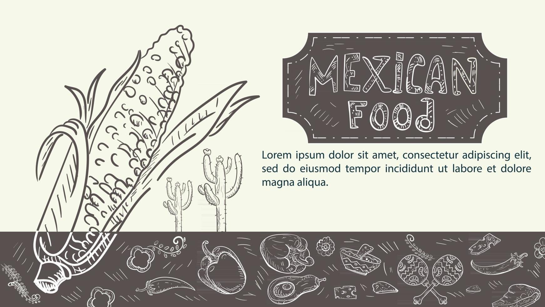 Ilustración boceto dibujado a mano para un diseño sobre el tema de la comida mexicana, maíz, tortilla de maíz, taco, maracas vector