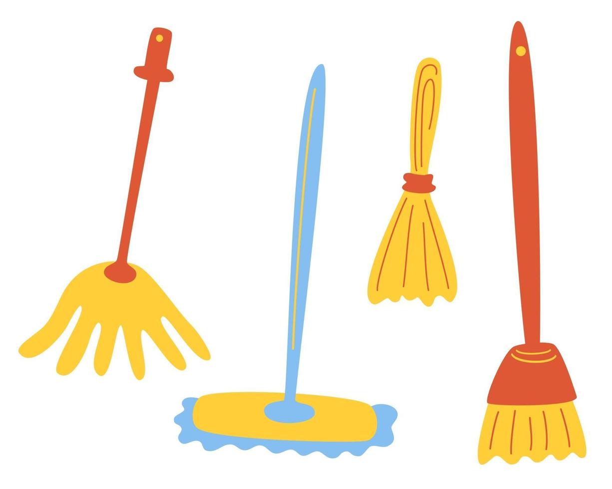 Set of different mops. Cleaning of the house and other premises. Set of cleaning tools. Cleaning service. Household chores, floor cleaning concept. Vector flat illustration.