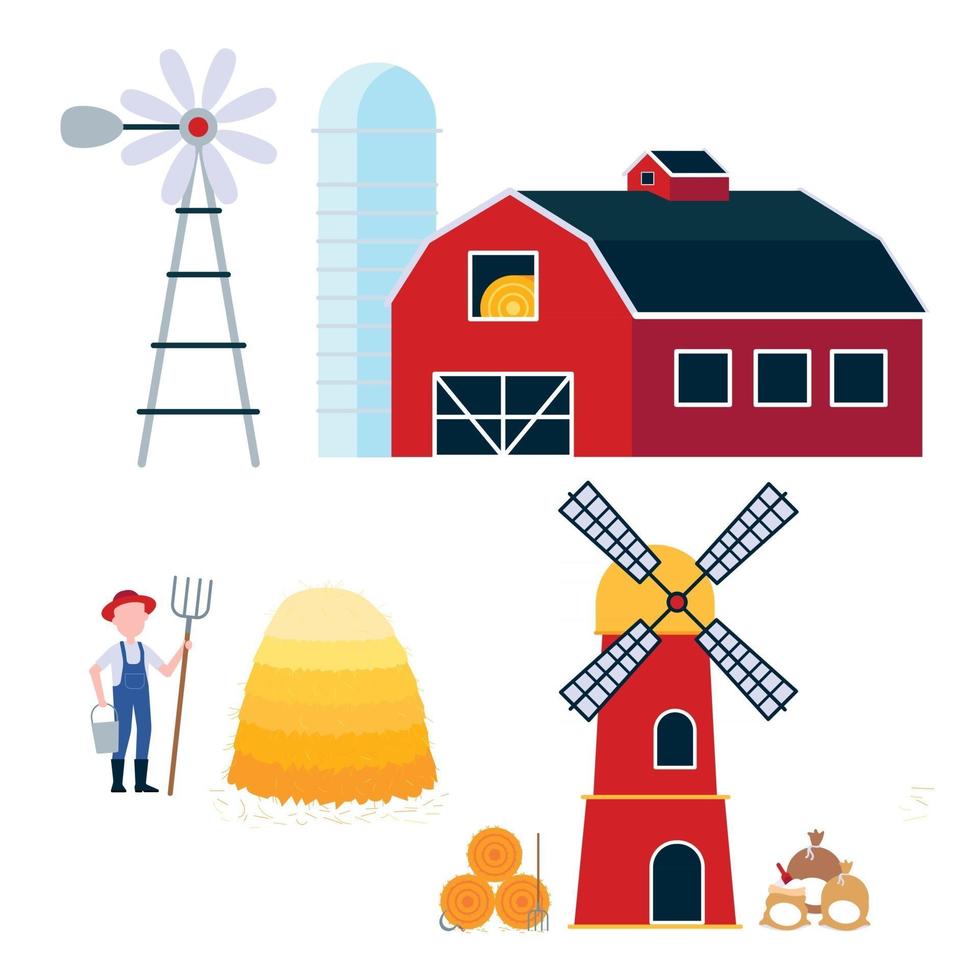 Countryside harvestind and farming building and tools set. Barn with windmill and silo, mill with hay bale and bags of flour, and farmer with hayforkm bucket and pile of hay flat style vector isolated