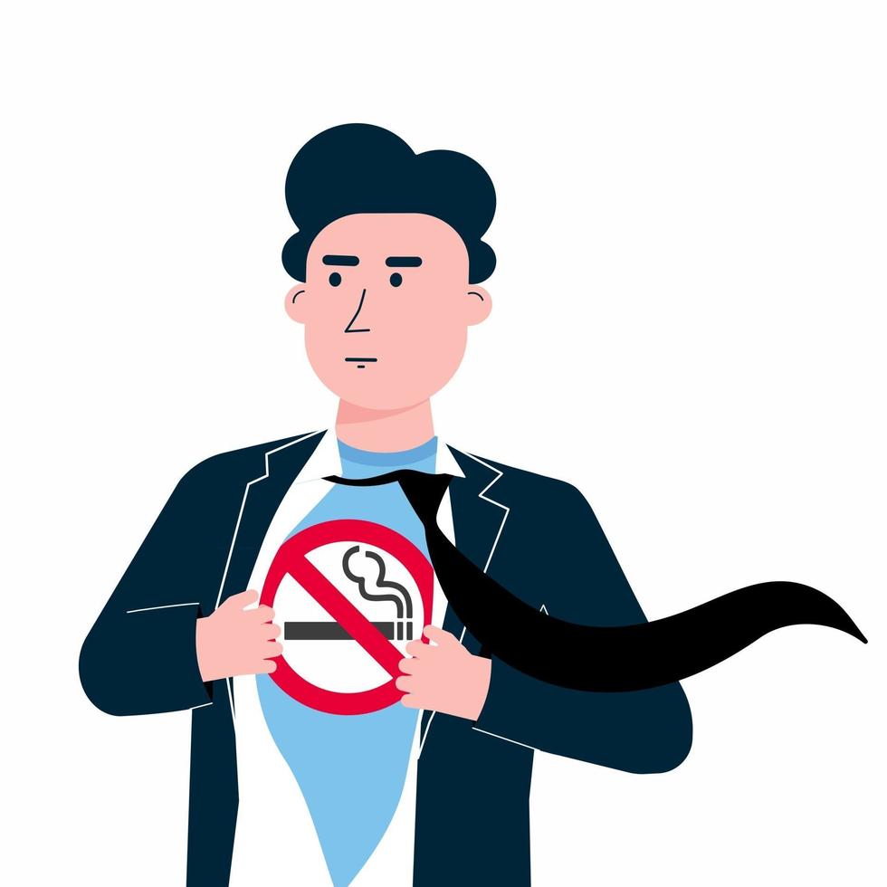 Young male man tears shirt and shows t-shirt with no smoking sign icon flat style design vector illustration isolated white background. Concept super hero No smoking man template. The city needs him.