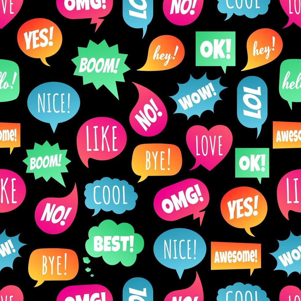 Seamless pattern with speech bubbles flat gradient style design another shapes with text love, yes, like, lol, cool, wow, boom, yes... hand drawn comic cartoon style set vector illustration isolated.