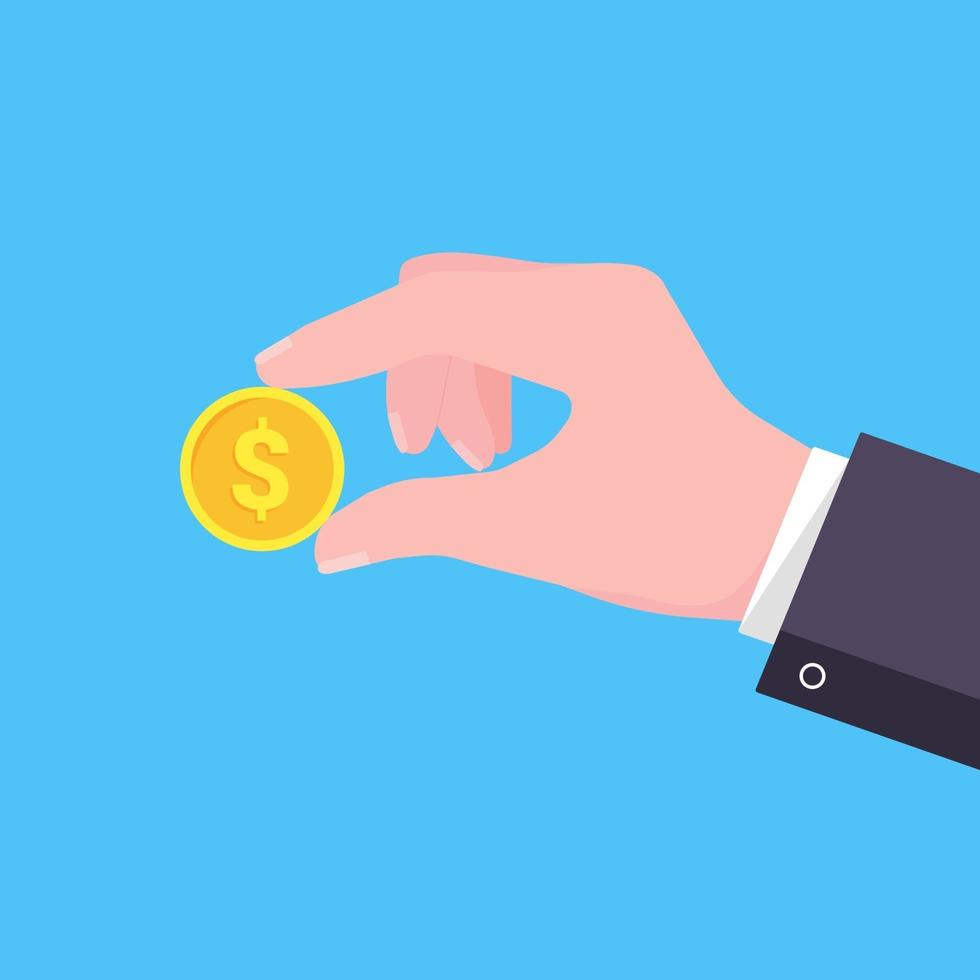 Hand holds golden coin in two fingers flat style design vector illustration. Donate dollar currency or more. Symbol of donation isolated on light blue background.