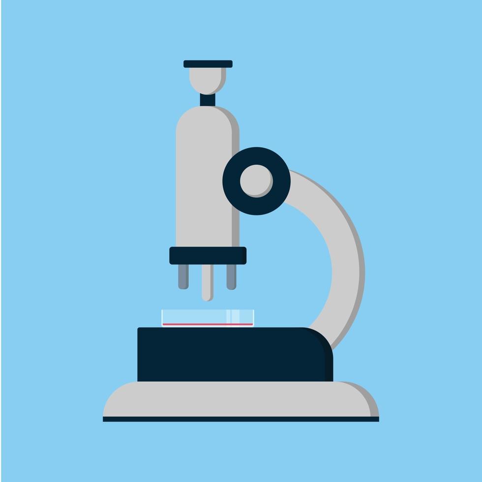 Science laboratory microscope flat style design icon sign vector illustration isolated on light blue background. Hospital or lab equipment element with lenses.